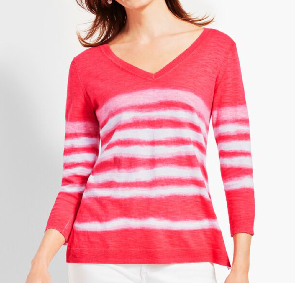 Talbots Petites Coral Ombre Stripe V-Neck Sweater Size Small NWT Linen Blend